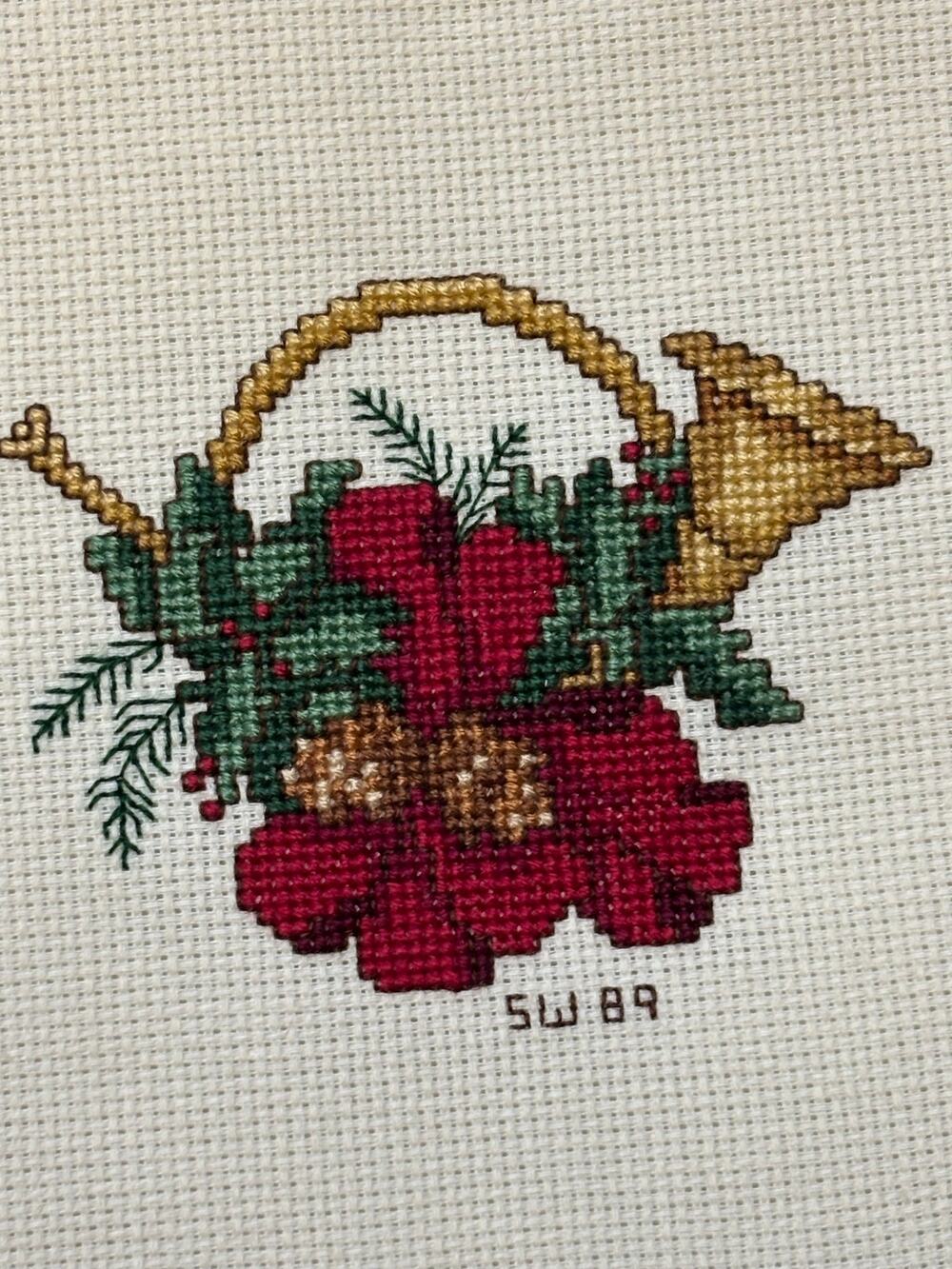 Finished Framed Cross Stitch Art Christmas Poinsettia and Horn of Plenty 9"
